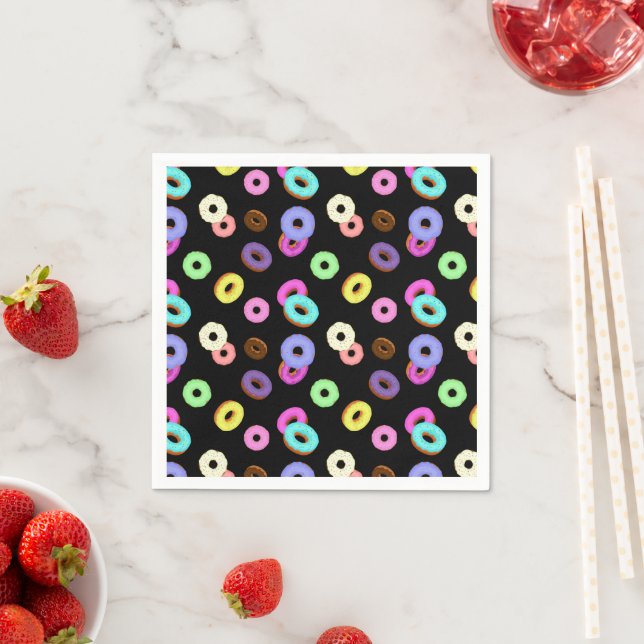 Cool fun colourful doughnuts pattern black napkin (Insitu)