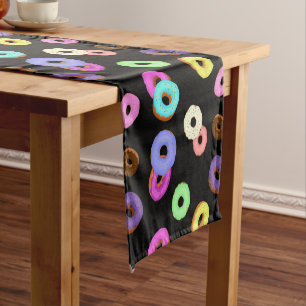 Cool fun colourful doughnuts pattern black short table runner