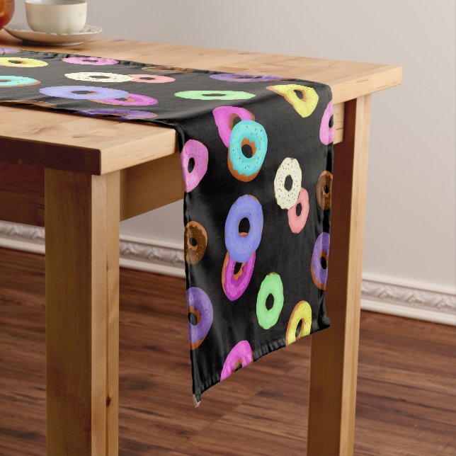 Cool fun colourful doughnuts pattern black short table runner (In Situ)