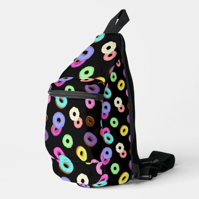 Cool fun colourful doughnuts pattern black sling bag (Right Corner)