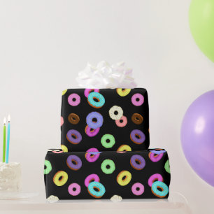 Cool fun colourful doughnuts pattern black wrapping paper