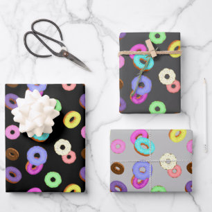 Cool fun colourful doughnuts pattern black wrapping paper sheet