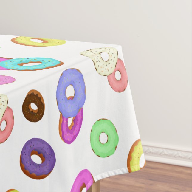Cool fun colourful doughnuts pattern white tablecloth (In Situ)