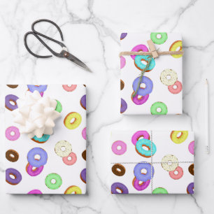 Cool fun colourful doughnuts pattern white wrapping paper sheet