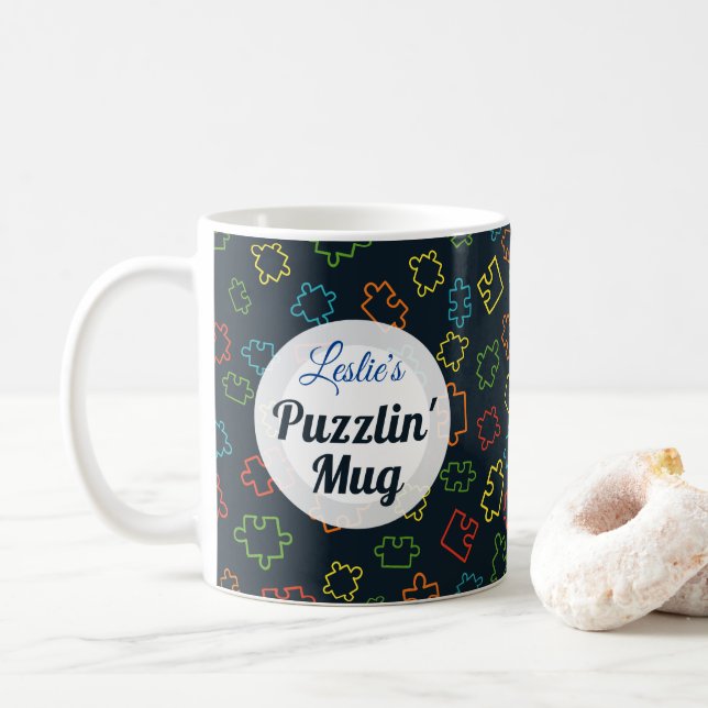 Cool fun colourful jigsaw puzzle pieces pattern, coffee mug (With Donut)