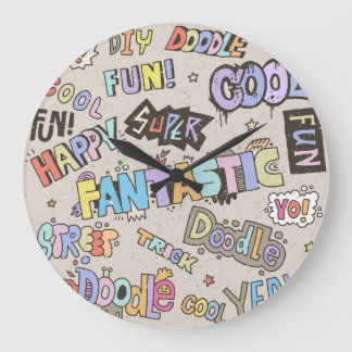 Cool Fun Doodle Lettering Vintage Large Clock