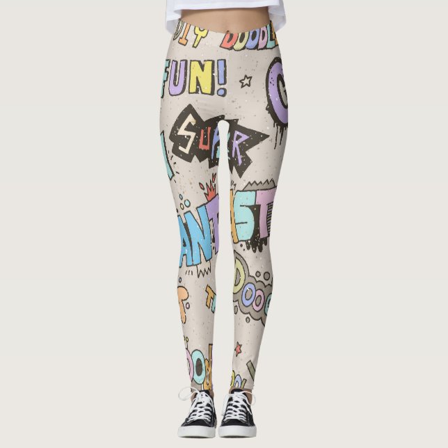 Cool Fun Doodle Lettering Vintage Leggings (Front)