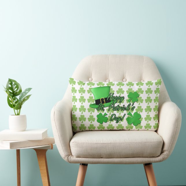 Cool fun Green top hat Shamrocks Patrick Day white Lumbar Cushion (Chair)