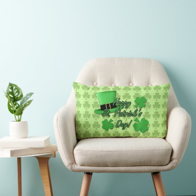 Cool fun Green top hat Shamrocks Patricks Day Lumbar Cushion (Chair)
