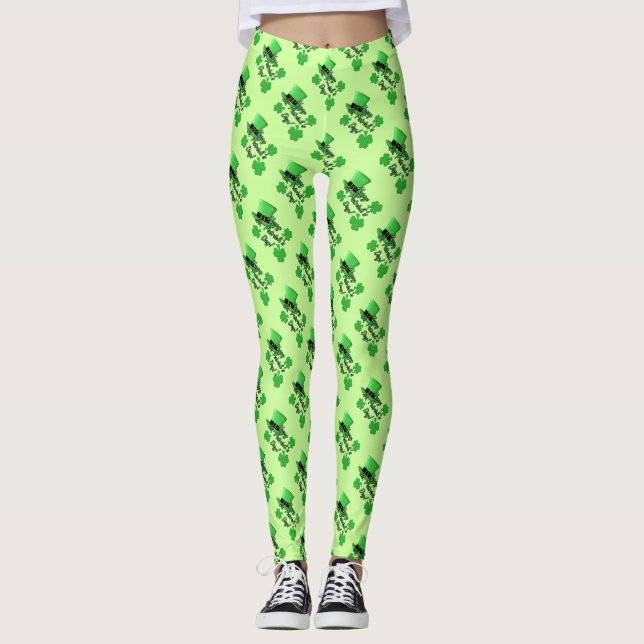 Cool fun Green top hat Shamrocks St. Patricks Day Leggings (Front)