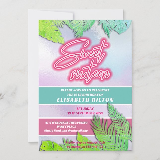 Cool fun neon typography stripes sweet 16 invitati invitation (Front)