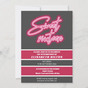 Cool fun neon typography stripes sweet 16 invitation