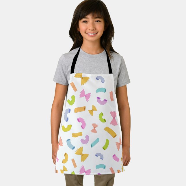 Cool fun pasta macaroni colourful pattern on white apron (Insitu)
