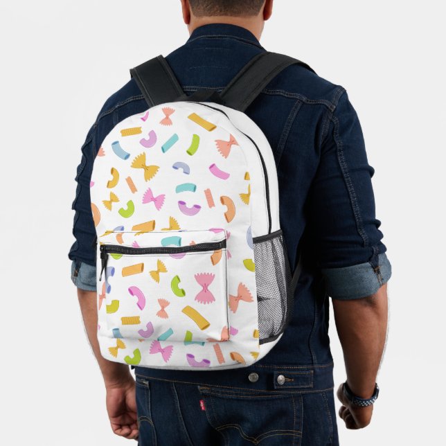 Cool fun pasta macaroni colourful pattern on white printed backpack (Insitu (Model))