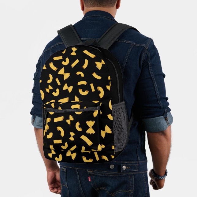 Cool fun pasta macaroni pattern on black printed backpack (Insitu (Model))
