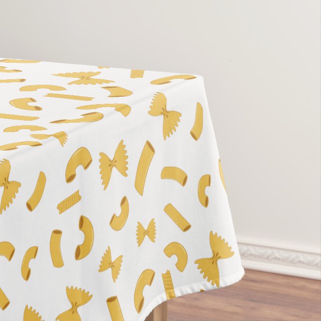Cool fun pasta macaroni pattern on white tablecloth (In Situ)