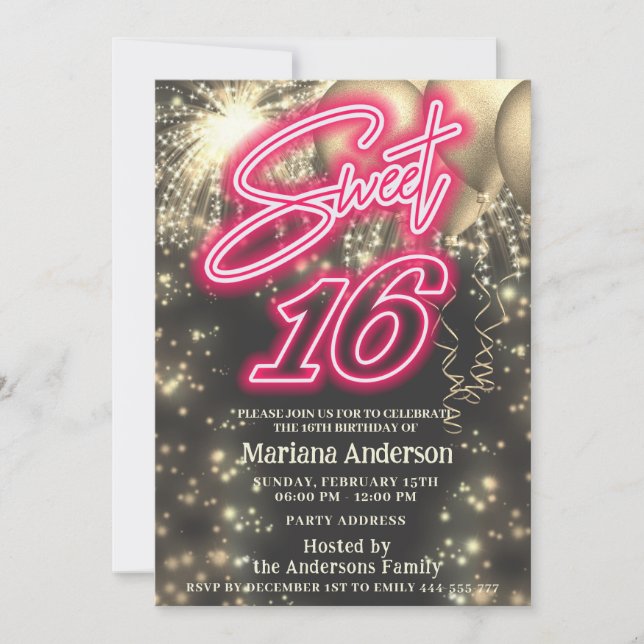 Cool fun pink gold balloon sparkle fireworks  invitation (Front)