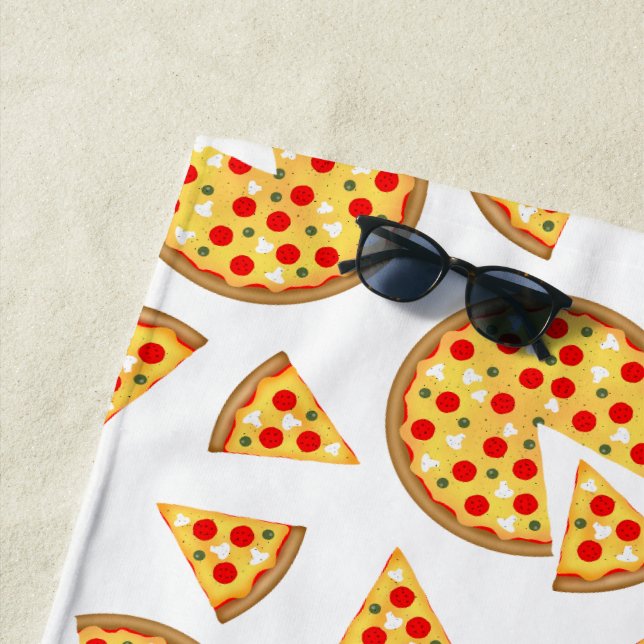 Cool fun pizza and slices pattern on white beach towel (In Situ)