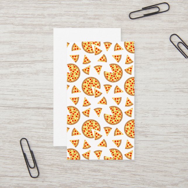 Cool fun pizza and slices pattern on white business card (Front/Back In Situ)