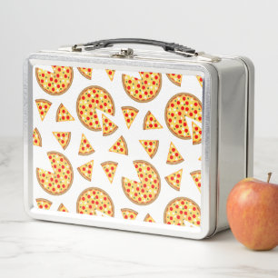 Cool fun pizza and slices pattern on white metal lunch box