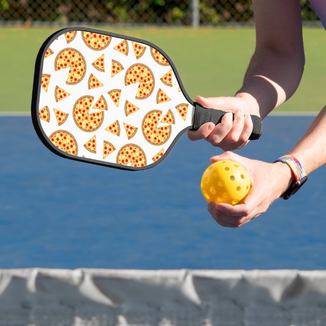 Cool fun pizza and slices pattern on white pickleball paddle (Insitu)