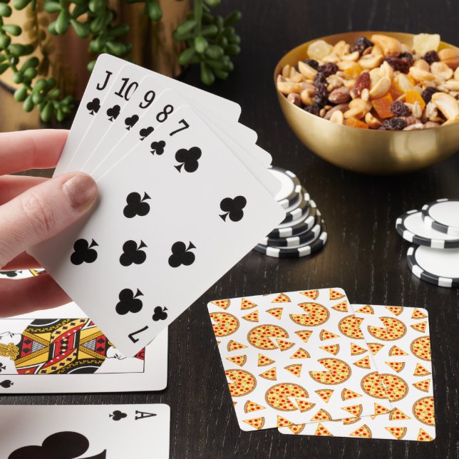 Cool fun pizza and slices pattern on white playing cards (In Situ)