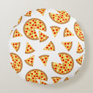 Cool fun pizza and slices pattern on white round cushion