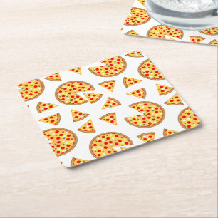 Cool fun pizza and slices pattern on white square paper coaster