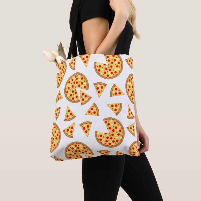 Cool fun pizza and slices pattern on white tote bag (Close Up)