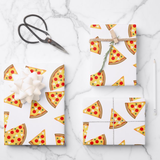 Cool fun pizza and slices pattern on white wrapping paper sheet (Front)