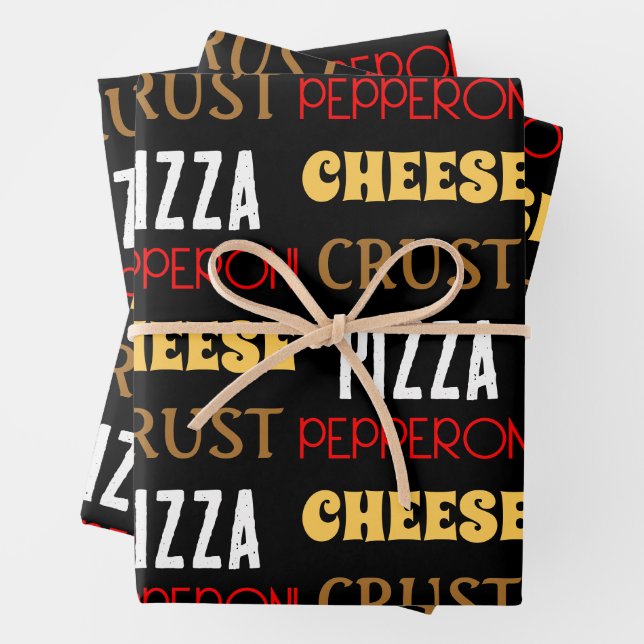 Cool fun pizza pepperoni cheese crust text pattern wrapping paper sheet (In situ)