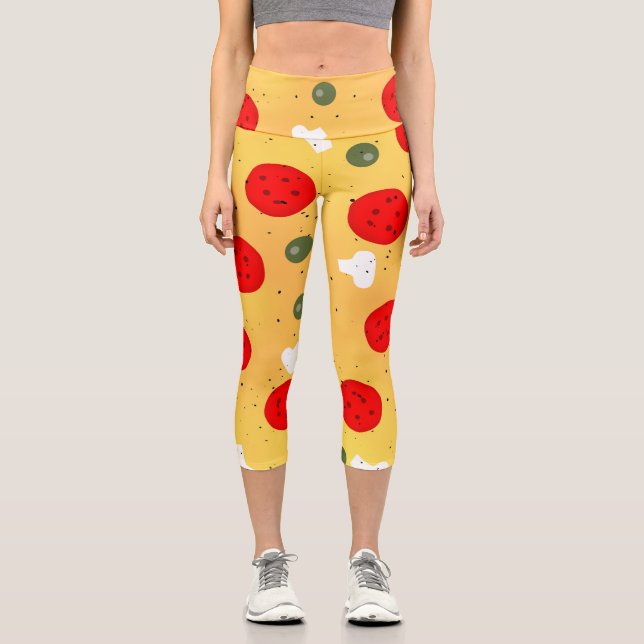Cool fun pizza pepperoni mushroom capri leggings (Front)