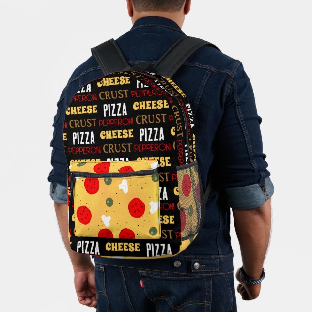 Cool fun pizza pepperoni pattern cheese crust text printed backpack (Insitu (Model))