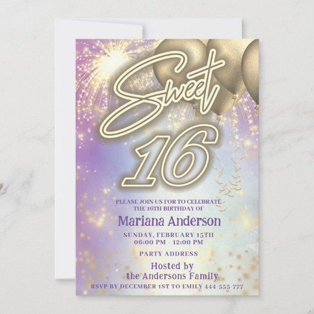 Cool fun purple gold balloon sparkle fireworks  invitation (Front)