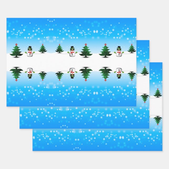Cool fun Snowman Sparkly Christmas Trees blue Wrapping Paper Sheet (Set)