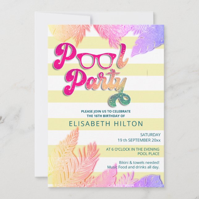 Cool fun summer script pool party birthday  invitation (Front)