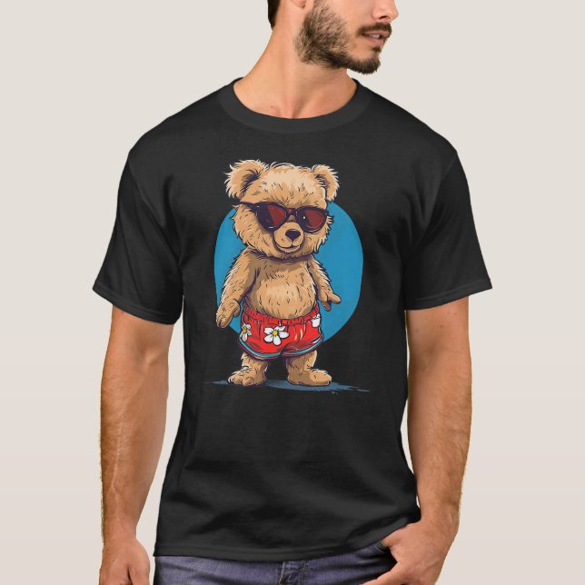 Cool Fun Teddy Bear in swimming trunks and Sunglas T-Shirt (Front)