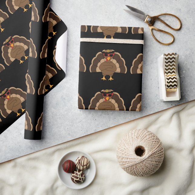 Cool Fun Turkey Thanksgiving pattern on black Wrapping Paper (Crafts)
