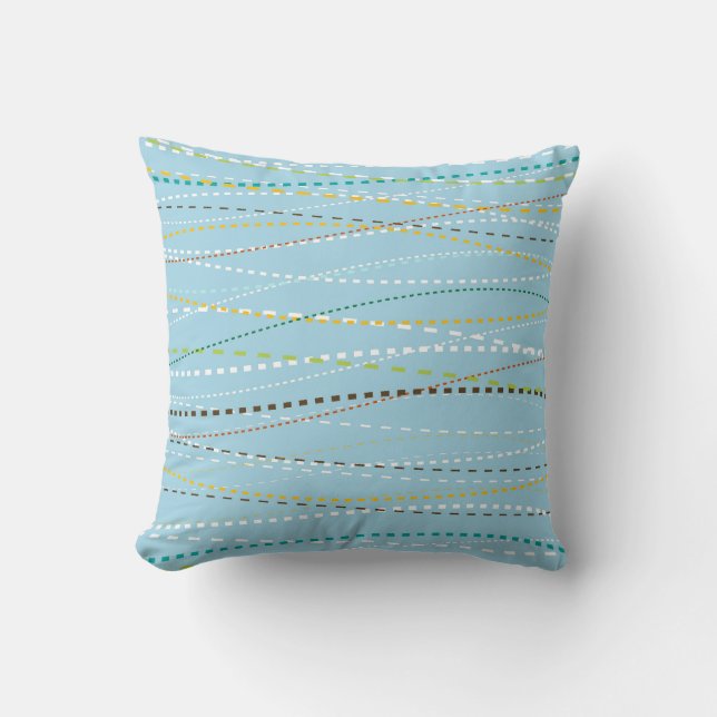 Cool Fun Wavy Dotted Dashed Lines Across Baby Blue Cushion (Front)