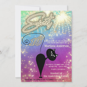 Cool fun whimsy cat balloon sparkle fireworks  invitation