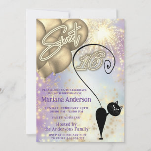 Cool fun whimsy cat balloon sparkle fireworks  invitation