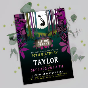 Cool Fun Zipline Purple Forest Birthday Adventure Invitation