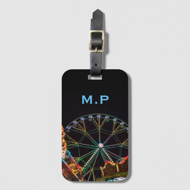 Cool Funfair at Night Monogram Luggage Tag (Front Vertical)