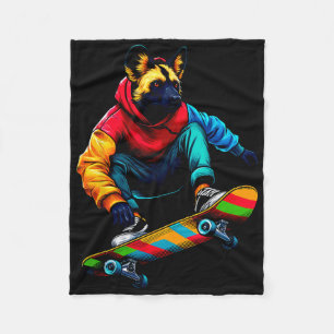 Cool Funky African Wild Dog Skateboarding Illustra Fleece Blanket