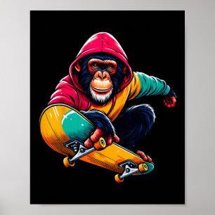 Cool Funky Bonobo Monkey Skateboarding Illustratio Poster