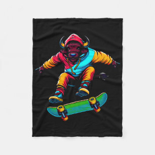 Cool Funky Buffalo Skateboarding Illustration Art Fleece Blanket