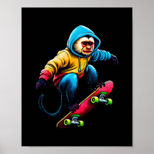 Cool Funky Capuchin Monkey Skateboarding Illustrat Poster