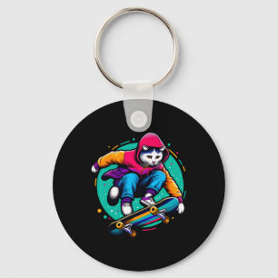 Cool Funky Cat Skateboarding Cat Lover Illustratio Key Ring