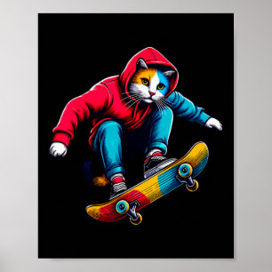 Cool Funky Cat Skateboarding Cat Lover Illustratio Poster