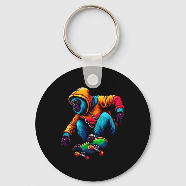 Cool Funky Howler Monkey Skateboarding Illustratio Key Ring (Front)